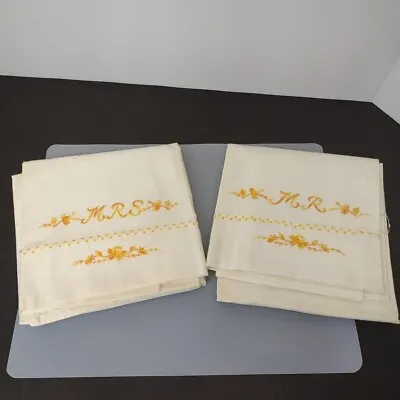 Vintage Set Of Embroidered Mr. & Mrs. Pillowcases - 100% Cotton Great Condition  • £12.53