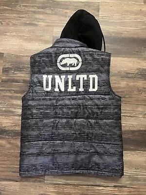 Ecko Unltd Hoodie Puffer Vest Mens Size Large Zip Closure Pocket Gray Camo Print • $19.12