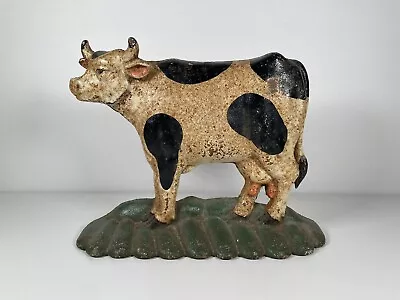 Vintage Cast Iron Cow Doorstop Black White Holstein American Folk Art 8.5in • $40