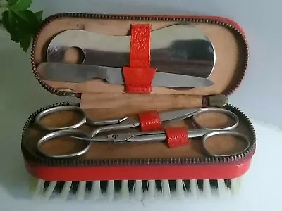 Vtg Germany Men Manicure Travel Set In Red Leather Zipper Case Brush By BESTO • $15