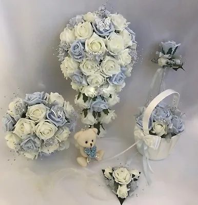 £3.50 • Buy Wedding Flowers Ivory Rose Baby Blue Bouquet Bride, Bridesmaid, Flower-Girl Wand