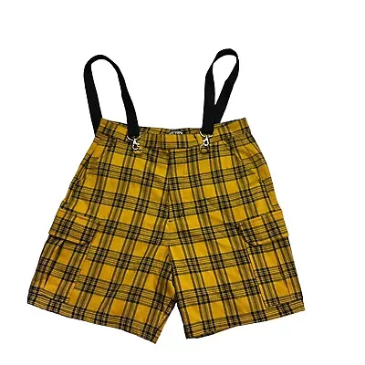 $27.99 • Buy Hot Topic Women Yellow Grey Check Suspender Bermuda Cargo Shorts Sz L/32 NWOT