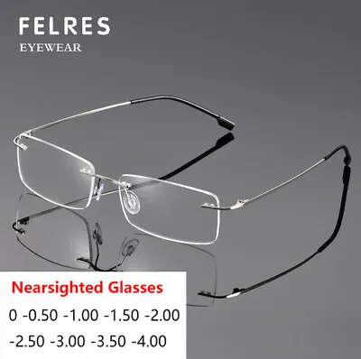 Metal Rimless Square Nearsighted Glasses For Men Ultralight Myopia Glasses • $10.60