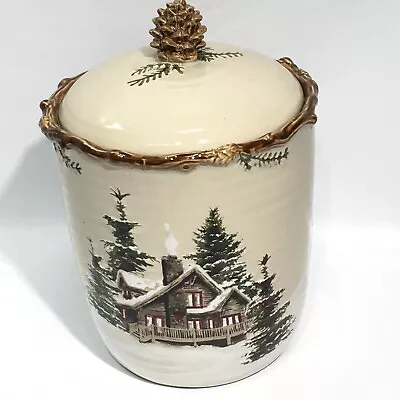 St. Nicholas Square SNOW VALLEY 10.5  Cookie Jar Log Cabin Pine Cone Christmas • $28.80