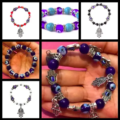 Turkish Blue Evil Eye Hamsa Hand Of Fatima Nazar Boncuk Good Luck Charm Bracelet • £8.95