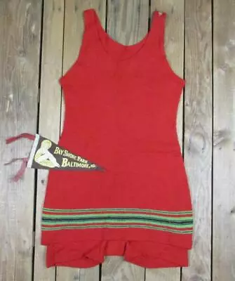 Vintage 1920s Antique Red Wool Knit Swimsuit Stripes Bathing Suit Beach Pennant • $325