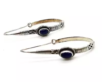 Lapis Lazuli Blue Bali Balinese Elongated Vintage Sterling Silver Hoop Earrings • $28