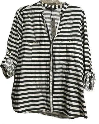 Zara Women’s M Button Up Top Green/White Stripe NWT Roll Tab Sleeve • $17.01