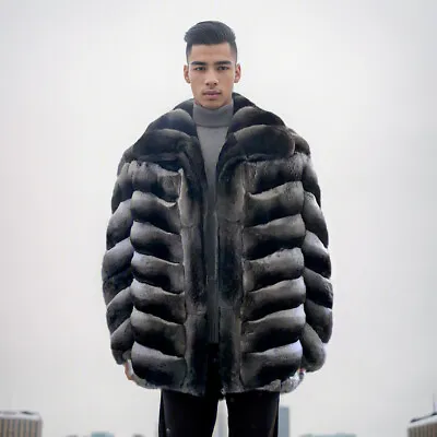 Mens Natural Chinchilla Rex Rabbit Fur Jackets New Real Fur Lapel Collar Coats • $594.68