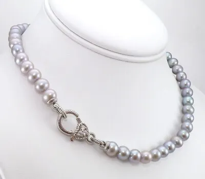 Judith Ripka Sterling Silver 8mm Blue Gray Pearl Strand CZ Necklace 16  LNC2 • $129.99