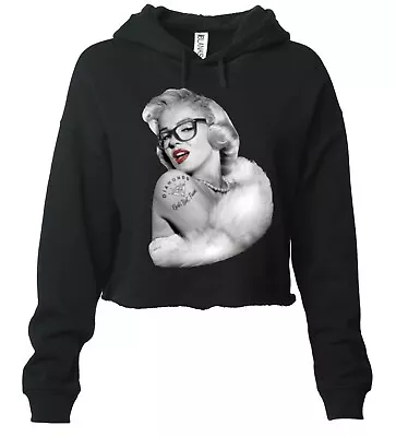 Junior's Marilyn Monroe Nerdy Black Cropped Fleece Hoodie Sexy Tattoo Diamond CA • $22.99