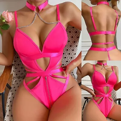 Romper Pajamas For Women Fuzzy Women's Rose Red Funny Lingerie Hollow Out Steel • $34.74