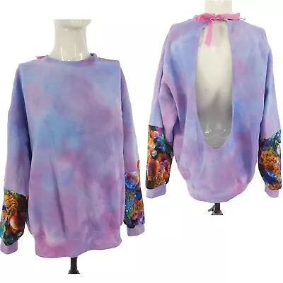 Reworked Sweatshirt Purple Tie Dye Patchwork Sleeve Open Back Oversized One Size • £27.99