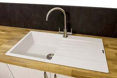 £154 • Buy Reginox Harlem10 Kitchen Sink Single Bowl White Granite Inset Reversible Waste