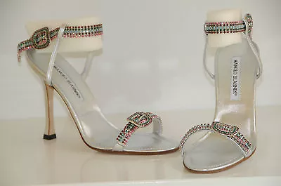 $1878 NEW MANOLO BLAHNIK JEWELED SANDALS Crystal Silver JANETBA Wedding SHOES 37 • $375