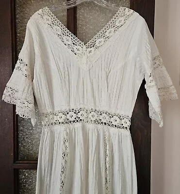 VTG 60s 70s White Pintucked Mexican Wedding Maxi Dress Crocheted Lace Bohemian  • $125