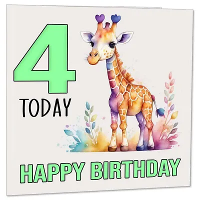 4th Birthday Card Kids Childrens 4 Years Old Watercolour Giraffe 145 X 145mm • £2.99