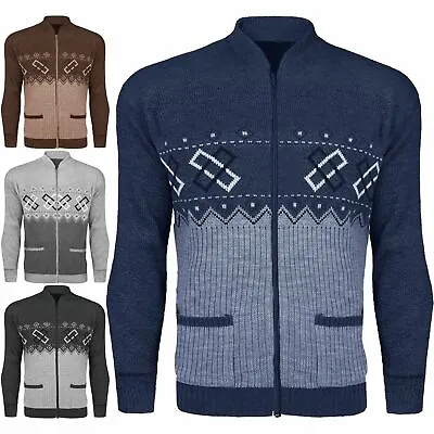 Mens Zip Up Granddad Cardigan Classic Argyle Knitwear Aztec Two Front Pocket Top • £14.99