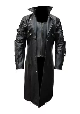 Mens Trench Coat Genuine Black Leather Long Matrix Goth Gothic Coat Van Helsing • $194.99