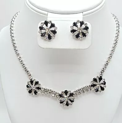 Vtg B.DAVID Signed Silver-tone Clear Black Rhinestone Necklace Earrings Set 15  • $39.99