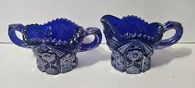 Vintage Imperial Glass COBALT BLUE CREAMER SUGAR Carnival Hobstar Sawtooth Edge • $19.99