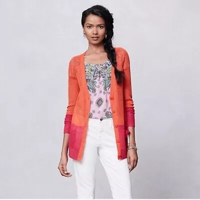 Moth Colorblock Pointelle Cardigan Sweater Size Small Orange Pink Anthropologie • $38.25