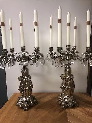 $2250 • Buy Antique/ Vintage Pair Of Silver & Crystal 5 Lights Candelabra/Candle Holder 20  