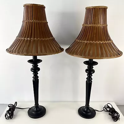 2 VTG Candlestick Table Lamp Bamboo Slat Tan Lined Shades BOHO Hemingway Era • $149.89