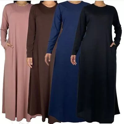 Womens Plain Abaya Black With Pockets New Burkha  Jilbab Long Jersey Maxi Dress • £17.99