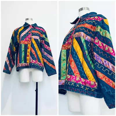 Vintage 90s Patchwork Denim Jean Jacket Coat Medium Wash L • $30