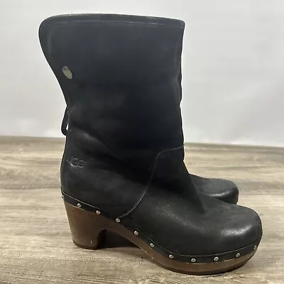 UGG Lynnea Clog Wedge Boots Black Leather S/N 3207 Womens Size 6 • $44.11