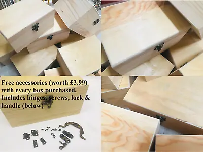 Plain Wooden Craft  Box Storage Decoupage Hobby Treasure Chest +FREE ACCESSORIES • £10.99