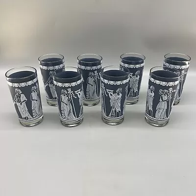 Vintage Wedgwood Blue White Drinking Glasses 10 Oz Jeanette Roman Greek Women 8 • $34