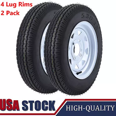 Two 5.30-12 Trailer Tires And Rims 5.30x12 530-12 4 Lug White Spoke Wheel 6PR • $117.99