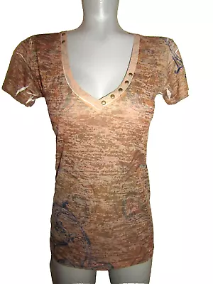 CRUEL GIRL Brown/White/Blue Top Brass Studs JR Medium Short Slvs Poly/Cotton • $9.99