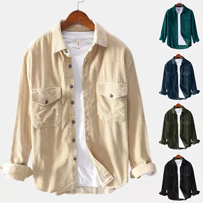 Shirt Tops Tunic Casual Shirt Blouse Corduroy Long Sleeve Shirts Casual Men • £22.20