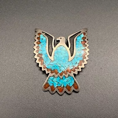 Petite Vintage Navajo Eagle Turquoise Coral Silver Pendant • $145