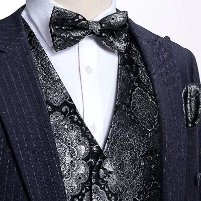 Mens Waistcoat Black Blue Red Paisley Dress Vest Neck Tie Hankie Set Suit Tuxedo • $15.99