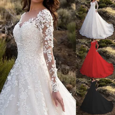 Women Vintage Long Sleeve HollowOut Dresses Lace Train Bridal Gown Wedding Dress • $31.88