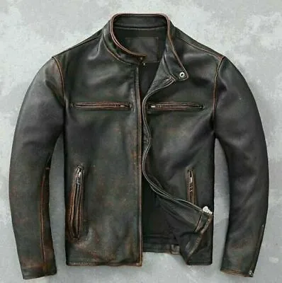 Men’s Motorcycle Biker Vintage Cafe Racer Distressed Black Real Leather Jacket • $178.99