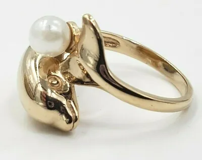 Dolphin Ring With Pearl In 14 Kt Yellow Gold Kabana Brand Size 6.5 US • $329