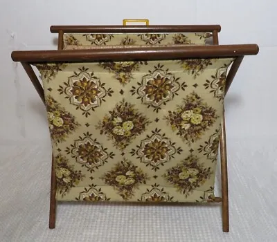 VTG Floral Knitting Sewing Caddy Basket Yarn Bag Folding Wood Frame MCM 70s Boho • $19.99