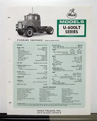 1970 Mack Truck Model U 600LT Specification Sheet • $13.69