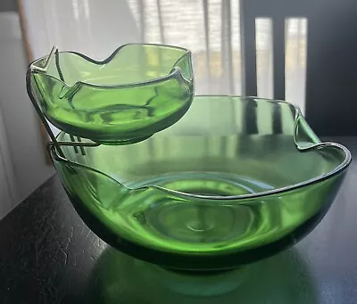 Vintage Anchor Hocking Green Glass Chip And Dip Glass Bowl Set W/Holder MCM • $25