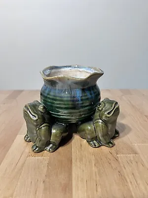 Vintage Green Majolica 3 Frogs Ceramic PLANTER Bowl Art Pottery  POT • $26.90