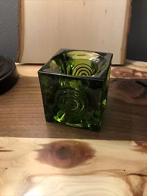 Viking MCM Glass Bullseye 3 1/2“ Green Cube Candle Holder Vintage • $35