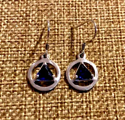 Vintage Sterling Silver Trillion Cut Blue Sapphire Dangle Circle Earrings 1-1/8  • $22.99