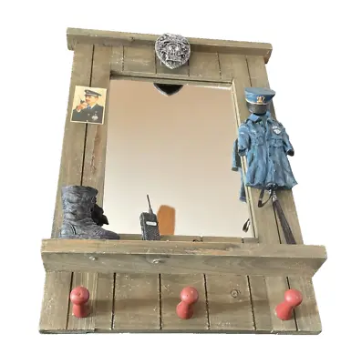 Rustic 3 Coat Hook Rack Mirror Combo Police Officer Theme Hanging Wall Home Deco • $27.97