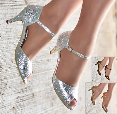 £22.95 • Buy Ladies Diamante Low Heel Party Shoes Ankle Strap Peep Toe Dress Sandals Size 3-8