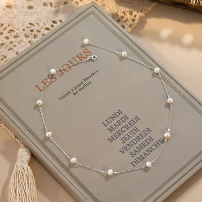 1 PC 925 Sterling Silver Natural Freshwater Pearl Choker Necklace 44cm/17.3  • $16.89